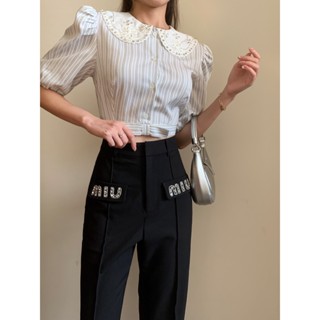 FQNU MIU MIU 2023 spring and summer new style vertical stripe bow decorative diamond doll collar bubble sleeve short shirt shirt