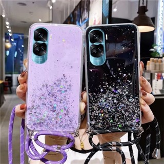 พร้อมส่ง เคสโทรศัพท์มือถือ ซิลิโคนนิ่ม ใส กันกระแทก แต่งกลิตเตอร์ดาว พร้อมสายคล้องคอ สําหรับ Honor 90 Lite 90 Pro 5G 2023