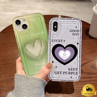 คู่เคสโทรศัพท์โปร่งใสสำหรับ Iphone 11 12 13 14 15 Pro Max XR XS 7 6 8 Plus หัวใจสีเขียวและสีม่วง อ่อนนุ่มกันกระแทกเปลือก