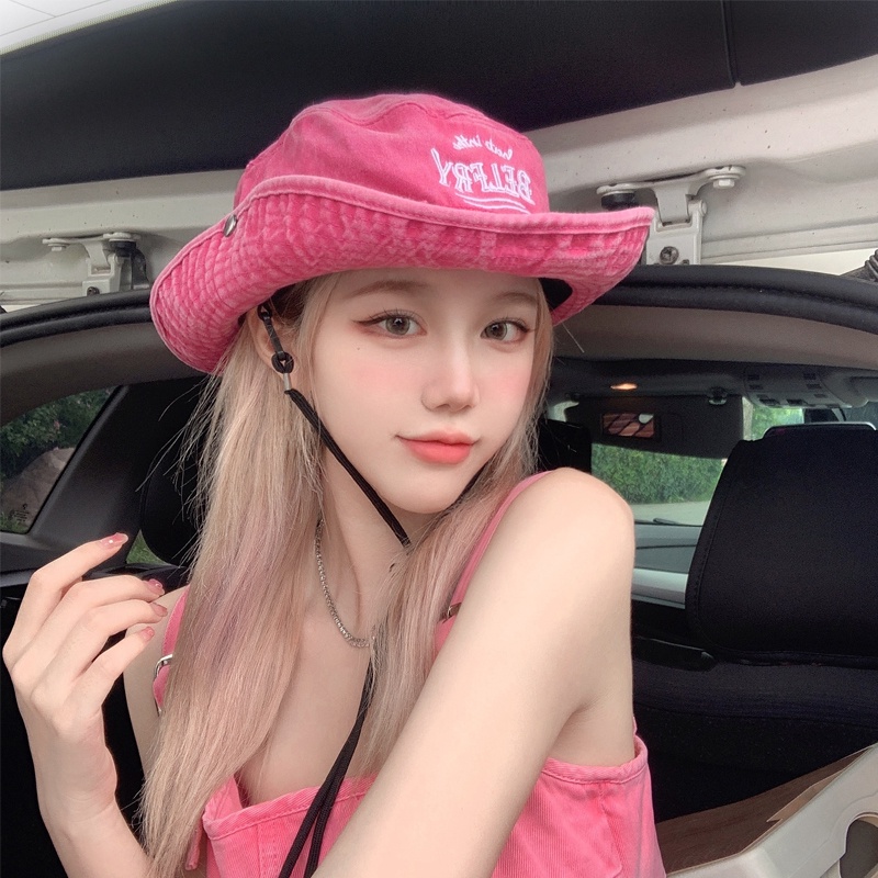 หมวกบักเก็ต กันแดด ปักลายดอกกุหลาบ สีชมพู แฟชั่นฤดูร้อน สําหรับผู้หญิง ตั้งแคมป์ เดินป่า กลางแจ้ง
