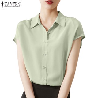 Zanzea เสื้อเชิ้ตแขนสั้น คอปก สีพื้น หรูหรา สไตล์เกาหลี สําหรับผู้หญิง