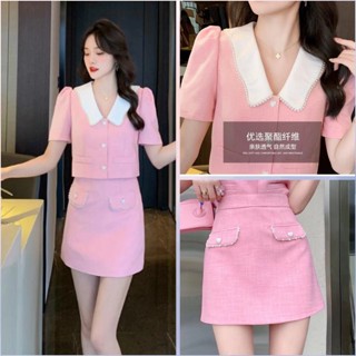 [พร้อมส่ง] ชุดเสื้อแขนสั้น คอตุ๊กตา และกระโปรงสั้น เอวสูง สไตล์เกาหลี แฟชั่นฤดูร้อน สําหรับผู้หญิง