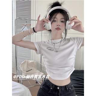 เสื้อยืดแขนสั้น เปิดไหล่ ผ้าฝ้ายแท้ ทรงสลิมฟิต สีขาว แฟชั่นฤดูร้อน สําหรับผู้หญิง