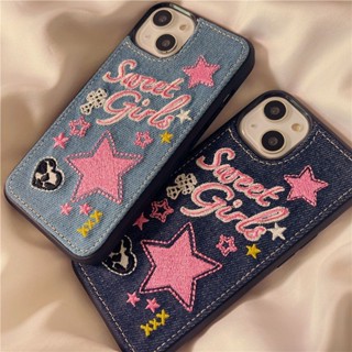 เคสป้องกันโทรศัพท์มือถือ ผ้ายีน ปักลาย สีชมพู สําหรับ Apple Iphone 14 13promax 12