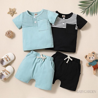 Babygarden-0-3 ปี ชุดเสื้อผ้าเด็กผู้ชาย เสื้อยืดแขนสั้น ลายทาง + กางเกงขาสั้น เอวยางยืด ชุดฤดูร้อน