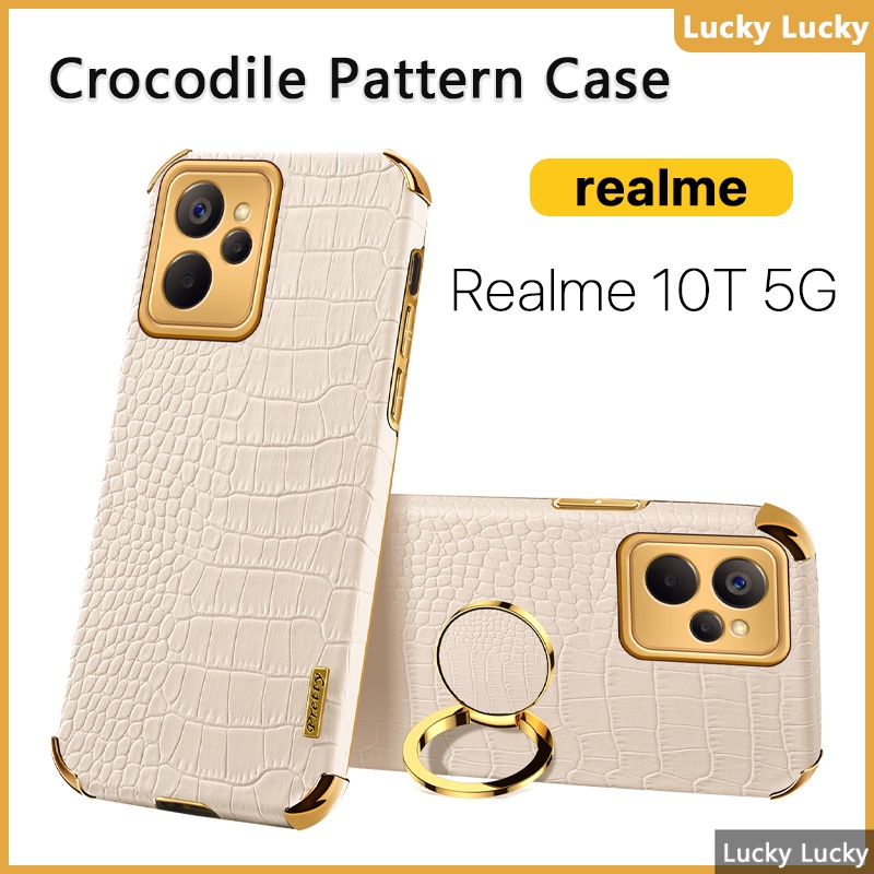 เคส Realme 10T 5G 10 Pro Plus 9 Pro Plus 9i 5G ลายจระเข้ ที่วางแหวนนิ้ว ฝาครอบ PU กล้องปกป้องเต็มรูปแบบ ชุบทอง บาง ความรู้สึกที่ยอดเยี่ยม ป้องกันลายนิ้วมือ ซับในกระจายความร้อน