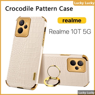 เคส Realme 10T 5G 10 Pro Plus 9 Pro Plus 9i 5G ลายจระเข้ ที่วางแหวนนิ้ว ฝาครอบ PU กล้องปกป้องเต็มรูปแบบ ชุบทอง บาง ความรู้สึกที่ยอดเยี่ยม ป้องกันลายนิ้วมือ ซับในกระจายความร้อน