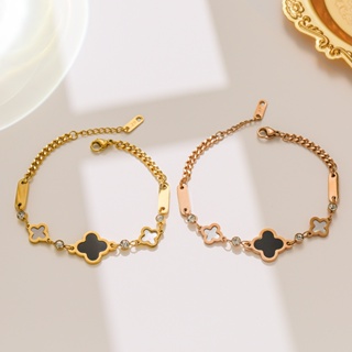 สร้อยข้อมือ สเตนเลส 18k จี้ใบโคลเวอร์สี่แฉก สีโรสโกลด์ สําหรับผู้หญิง