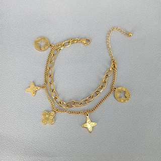 สร้อยข้อมือ ชุบทอง 18K จี้ใบโคลเวอร์สี่แฉก สองชั้น นําโชค แฟชั่นสําหรับผู้หญิง ของขวัญ