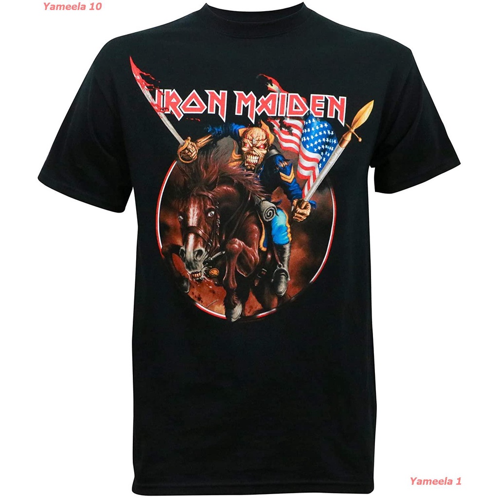 081เสื้อยืดผ้าฝ้ายพิมพ์ลายขายดีGLOBAL Iron Maiden Men's Maiden England Custer USA T-Shirt Black ไอเอิร์นเมเดน วงร็อค เสื