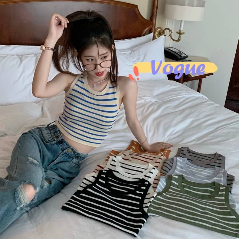 Vogue พร้อมส่ง เสื้อกล้ามไหมพรม แขนกุด ดีเทลลายทาง น่ารักคิ้วสไตลเกาหลี (83106) -C