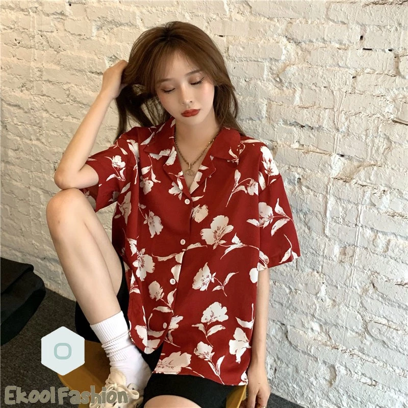 เสื้อเชิ้ตแขนสั้น ลายดอกวินเทจ ใส่ได้ทั้งชายและหญิง