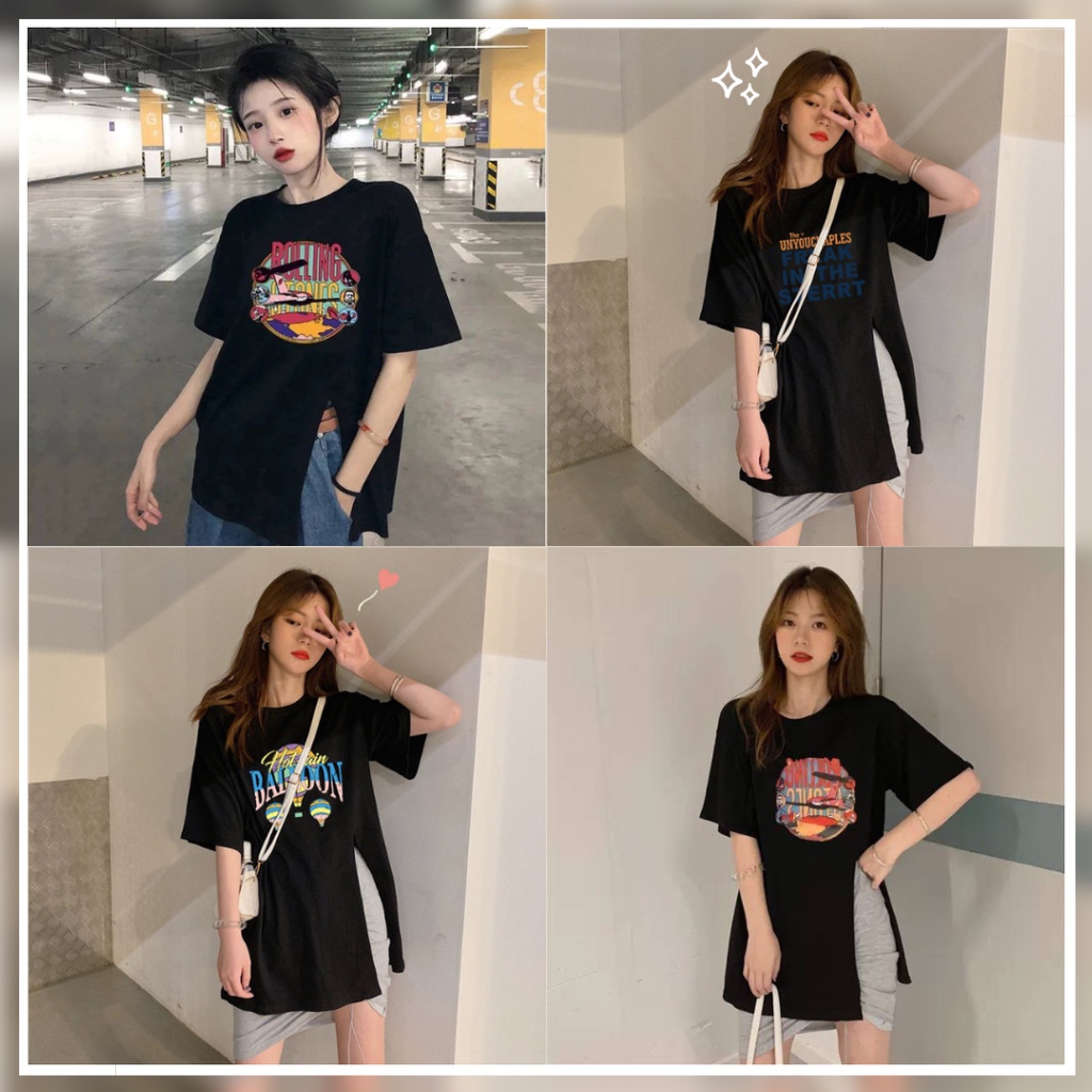 เสื้อสกรีนลาย คอกลมแขนสั้น oversize ผ่าข้าง น่ารัก สไตล์เกาหลี #C011