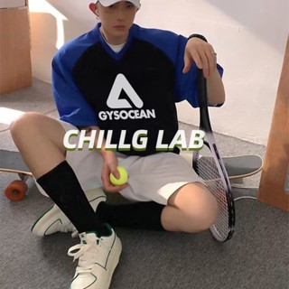 CHILLG LABเสื้อยืดสไตล์ฮ่องกงฤดูร้อนของผู้ชายย้อนยุคเยาวชนรู้สึกแขน Raglan หลวมคอเบสบอลชายและหญิงแขนห้าจุดหล่อ