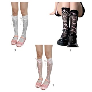 Zuo Summer Openwork Lace Striped Fishnet Hollows Long Knee Length Sock