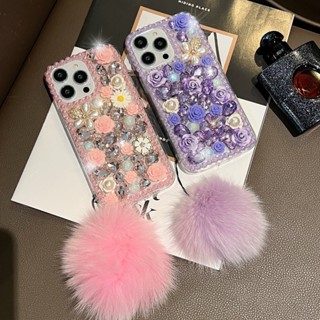 เคส iPhone 14 Pro Max 13 12 11 Pro Max XS Max XR 7 8 6 6S Plus 13 12 miniโทรศัพท์มือถือ ประดับพลอยเทียม กลิตเตอร์ พลอยเทียม ลายผีเสื้อ ดอกกุหลาบ 3D พร้อมสายโซ่คล้อง หรูหรา สําหรับ