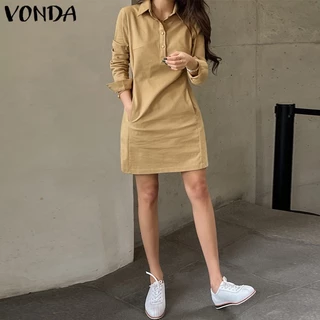 Vonda ผู้หญิง เกาหลี เสื้อเชิ้ตลําลอง คอปก แขนยาว แทรก กระเป๋าเข่าขึ้นชุด