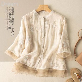 Retro heavy industry embroidered Ramie top cropped sleeve cotton and linen lace stitching shirt