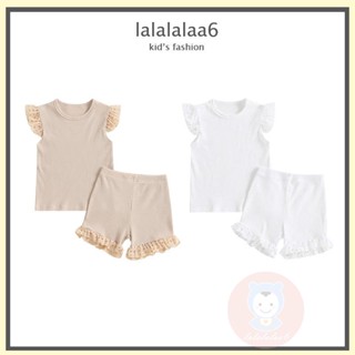 Laa6- ชุดเสื้อแขนสั้นลําลอง และกางเกงขาสั้น แต่งลูกไม้ ลายดอกไม้ สําหรับเด็กวัยหัดเดิน