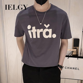 IELGY เสื้อยืดลําลอง แขนสั้น พิมพ์ลายตัวอักษร แบบบาง เข้ากับทุกการแต่งกาย แฟชั่นสําหรับผู้ชาย