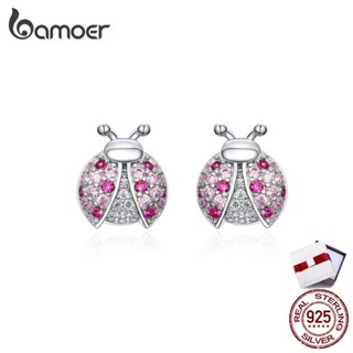 BAMOER Pink Romantic Laybug Stud Earrings for Women 925 Sterling Silver SCE715