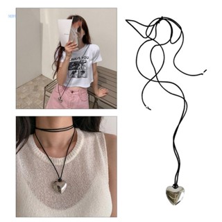 NERV Goth Black Rope Big Heart Pendant Choker Necklace for Women Elegant Weave Knotted Bowknot Adjustable Chain Jewelry