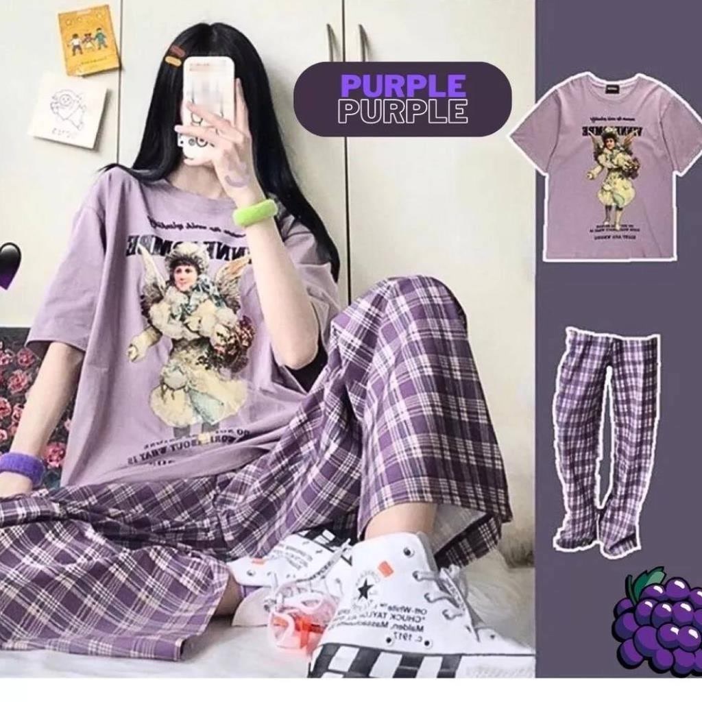 ZUKA ชุดเซท เสื้อลายการ์ตูน+กางเกงสก็อต ลายน่ารักสดใส #061