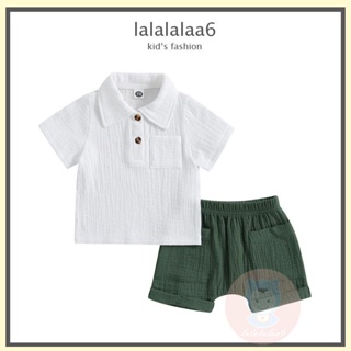 Laa6- เสื้อเชิ้ตแขนสั้น คอปก สีขาว และกางเกงขาสั้น สีพื้น สําหรับเด็กผู้ชาย