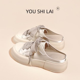 [จัดส่งในวันเดียวกัน] [Youshilai] Lazy Baotou รองเท้าผ้าใบลําลอง ผ้าซาติน พื้นหนา สีขาว สําหรับสตรี เหมาะกับฤดูร้อน 2023