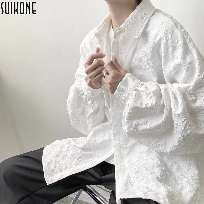 Suikone ผู้ชายแขนยาวไฮสตรีทญี่ปุ่นออกแบบความรู้สึกหล่ออินเทรนด์เสื้อหลวม