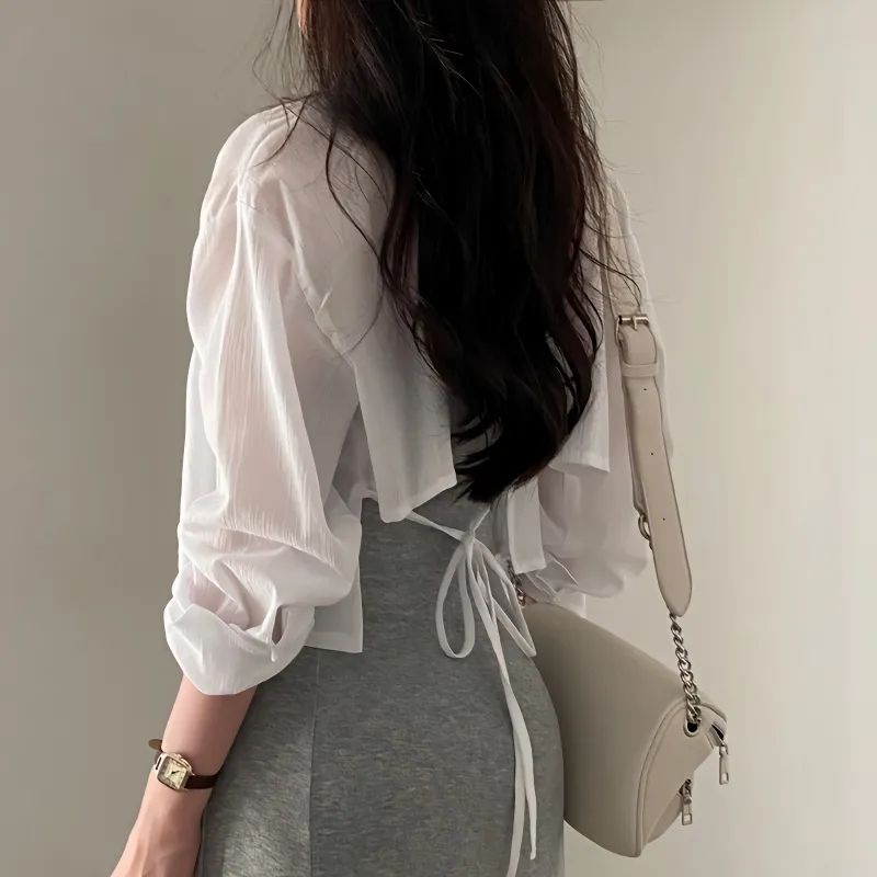 เสื้อเชิ้ตแขนยาว ผ้าชีฟอง ป้องกันแดด เปิดหลัง สไตล์เกาหลี สําหรับผู้หญิง
