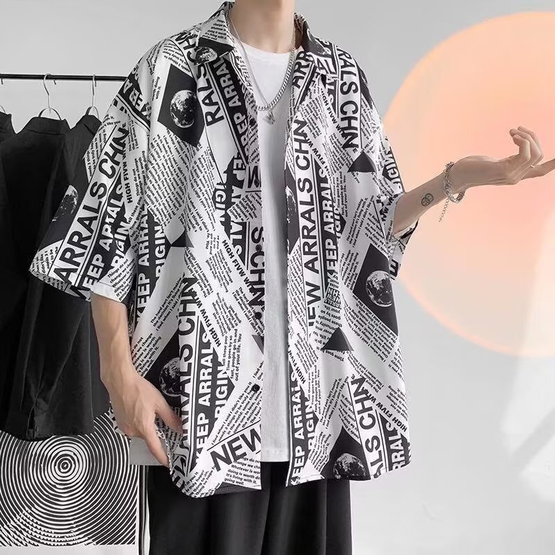เสื้อเชิ้ตแขนสั้นลําลอง พิมพ์ลายตัวอักษร แฟชั่นฤดูร้อน สไตล์ฮ่องกง สําหรับผู้ชาย