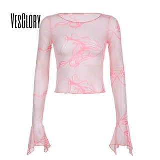 Vesglory เสื้อครอปท็อปลําลอง แขนยาว คอกลม โปร่งแสง พิมพ์ลาย ทรงสลิมฟิต สําหรับสตรี 2023