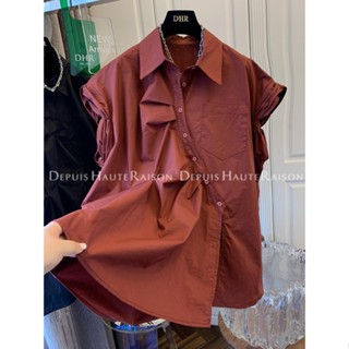 Oversized 300 jin light extravagant minority pleated forked cotton short-sleeved shirt womens loose meat cover design blouse