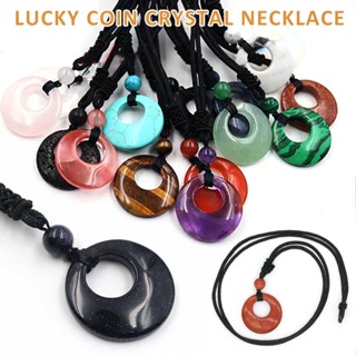 New Lucky Coin Ring Donut Pendant Crystal Protection Gemstone Cord Necklace