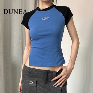 Dunea เสื้อยืด ผ้าฝ้าย เซ็กซี่ บล็อกสี ผ่าข้าง โลหะ แฟชั่นฤดูร้อน สําหรับผู้หญิง