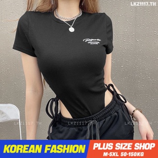 Plus size เสื้อผ้าสาวอวบ❤ เสื้อยืดสาวอวบอ้วน ไซส์ใหญ่ ผู้หญิง วันพีช ทรงสลิมฟิต แขนสั้น คอกลม สีดำ ฤดูร้อน สไตล์เกาหลีแฟชั่น