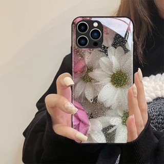 เคสกระจกนิรภัย ปิดด้านหลัง ลายดอกไม้ หยดน้ํา สําหรับ iPhone 14 Plus 12 11 13 Pro Max X XR Xs Max 13 Mini