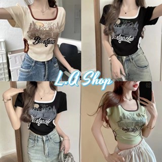 LA Shop พร้อมส่ง เสื้อแขนสั้น ไหมพรมคอกลม ดีเทลเว้าเอวสองข้าง ลายเสื้อเท่ๆ"56098" -C