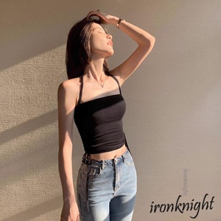 Ironknight- เสื้อท็อปแขนกุด เปิดหลัง ผูกเชือก สีพื้น แฟชั่นฤดูร้อน สําหรับผู้หญิง