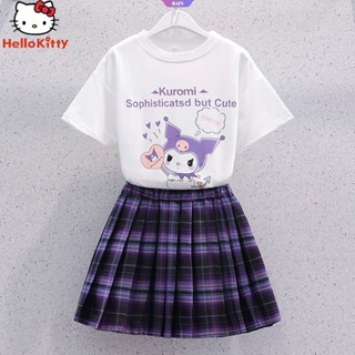 เสื้อยืด ผ้าฝ้าย พิมพ์ลายการ์ตูนอนิเมะ Sanrio Kuromi น่ารัก และกระโปรงพลีท สองชิ้น สําหรับเด็กผู้หญิง [RAIN]