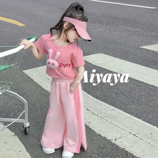 Aiyaya ชุดเซ็ทเด็ก ชุดเซ็ทเด็กผู้หญิง เสื้อผ้าสีชมพู+กางเกงขากว้าง  （635）