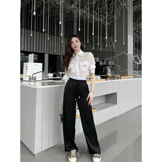 XJ6Q Alexander Wang @ 23 spring and summer new fashion retro letter logo decorative drawstring rubber band high waist wide leg casual all-match trousers