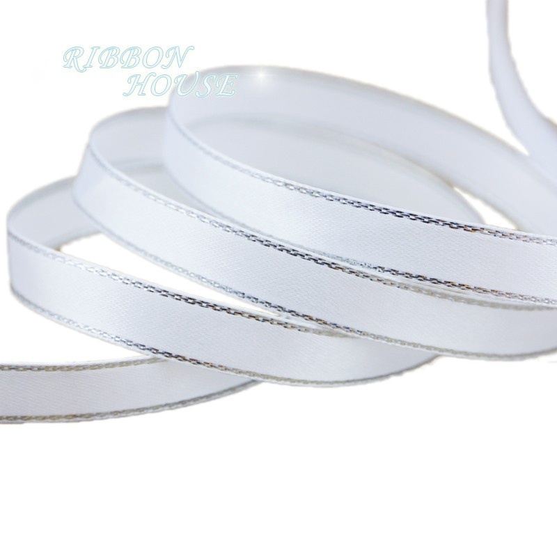 (25หลา/ม้วน) สีขาวขอบเงินซาตินริบบิ้นขายส่งห่อของขวัญริบบิ้นคริสต์มาส6/10/20/25มิลลิเมตร