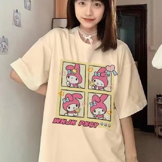 【Polyester】เสื้อยืดคอกลม แขนสั้น พิมพ์ลายการ์ตูนน่ารัก สไตล์ฮาราจูกุ แฟชั่นฤดูร้อน สําหรับผู้หญิง นักเรียน