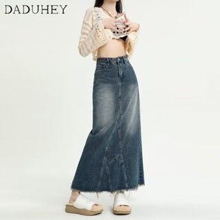 DaDuHey🎈 2023 Summer Women New Korean Style Ins Retro Raw Edge Denim Skirt Niche High Waist A- line Skirt Package Hip Skirt