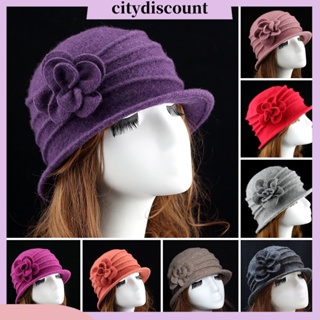 &lt;citydiscount&gt; หมวกปีกกว้าง ผ้าขนสัตว์ ลายดอกไม้ หรูหรา สําหรับผู้หญิงวัยกลางคน