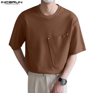 Incerun เสื้อยืด คอกลม แขนสั้น สีพื้น สไตล์เกาหลี เรียบง่าย สําหรับผู้ชาย