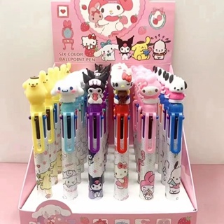 Sanrio ปากกาลูกลื่น 6 สีในชุดเดียว สีแดง สีน้ําเงิน สีดํา สําหรับเขียน โรงเรียน สํานักงาน เครื่องเขียนเด็ก [ZXL]