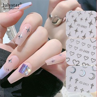 JULYSTAR 2023 สติ๊กเกอร์ติดเล็บโลหะสีเงินแบบคลาสสิก (พร้อมกาว) / สติ๊กเกอร์ติดเล็บรูปดาวห้าแฉกลายดาวรักดาวมะม่วงหัวใจขนาดเล็ก / สติ๊กเกอร์ติดเล็บกระจก